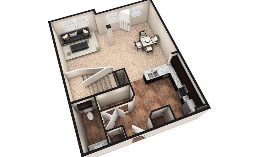 L3 - 1 bedroom floorplan layout with 1.5 bathroom and 1240 square feet