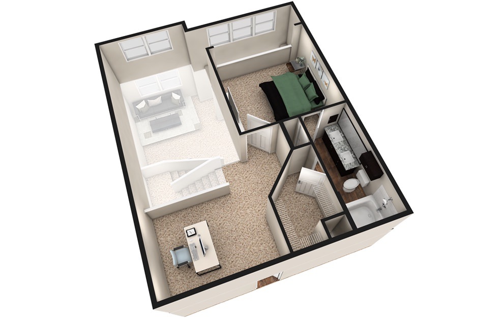 L3 - 1 bedroom floorplan layout with 1.5 bath and 1240 square feet. (Espresso Finish 2nd Floor / 3D)