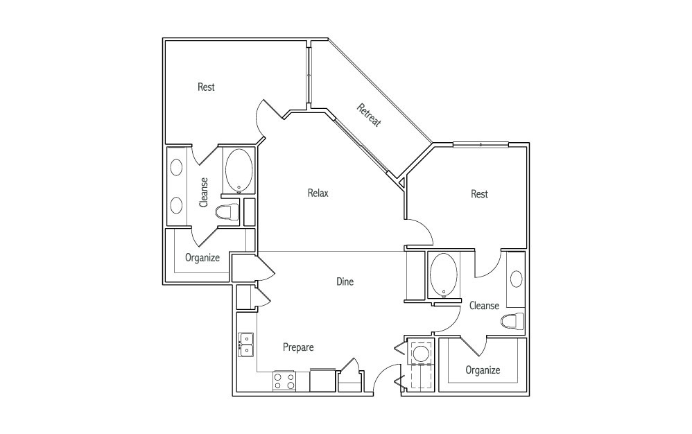 B3T - 2 bedroom floorplan layout with 2 baths and 1260 square feet. (2D)